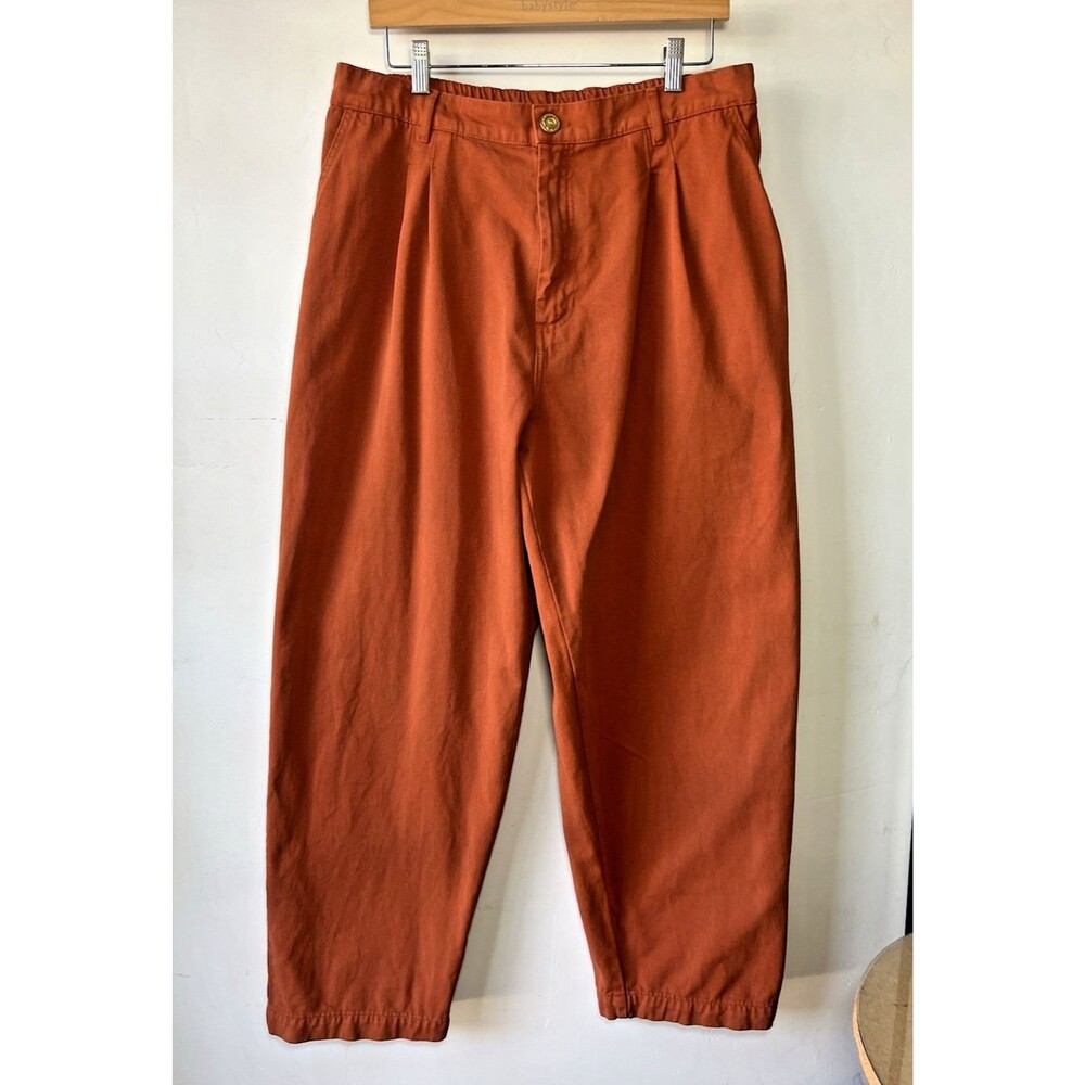 Big Bud Press Women Orange Cotton Twill Pleated Trousers High Rise Pockets Large